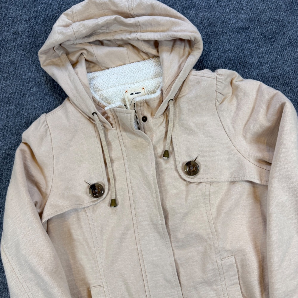 Y2K Allihop Tan Beige Hooded Sherpa Lined Cotton Bomber Jacket Womens Medium